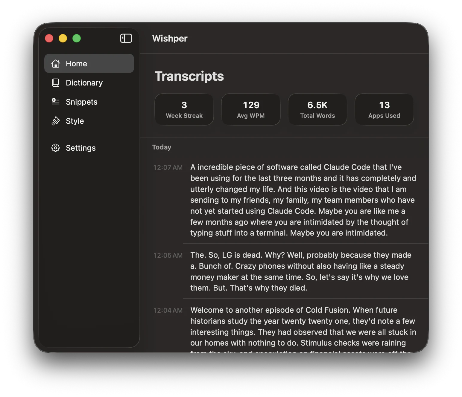 Wishper showing a list of recent transcripts with stats: 3-week streak, 127 average WPM, 6.2K total words, 13 apps used.